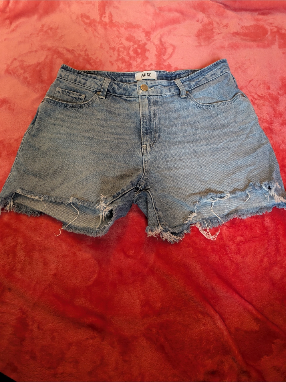 PAIGE Light Wash Frayed Hem Cut Off Denim Shorts